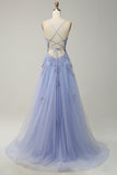 Grey Blue A Line Spaghetti Straps Long Prom Dress with Criss Cross Back