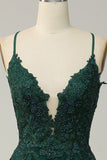 A Line Spaghetti Straps Long Dark Green Prom Dress with Criss Cross Back