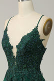 A Line Spaghetti Straps Long Dark Green Prom Dress with Criss Cross Back