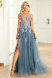 Wedtrend Women Grey Blue Long Prom Dress A Line Spaghetti Straps Formal Dress with Appliques, Grey Blue / US4