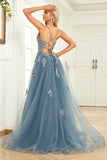 Grey Blue A Line Spaghetti Straps Wedding Party Dress with Appliques