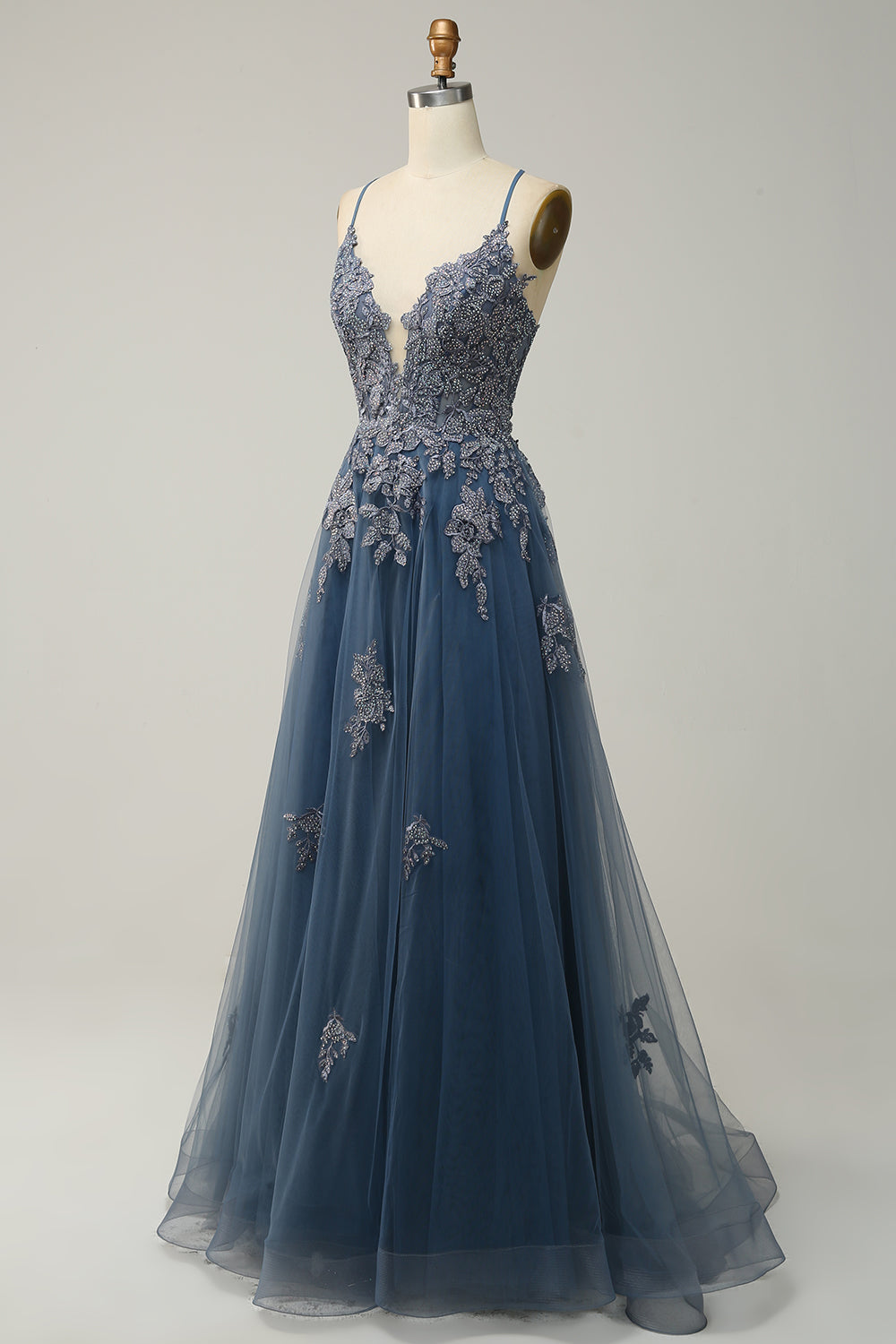 blue and grey prom dresses Rhinestones Dark Navy Sequined Mermaid Long Train Prom Dress
