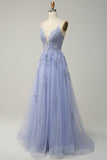 A-Line Light Purple Long Lace Up Back Prom Dress with Appliques