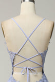 A-Line Light Purple Long Lace Up Back Prom Dress with Appliques