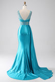 Turquoise Mermaid V-Neck Sweep Train Pleated Corset Beaded Long Prom Dress