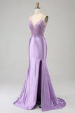 Stylish Lilac Mermaid Spaghetti Straps Long Prom Dress with Appliques Slit