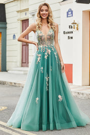 Glitter Green A-Line Spaghetti Straps Prom Dress With Sparkly Sequin Appliques