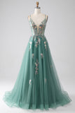 Sparkly Green A-Line Spaghetti Straps Long Prom Dress With Sequin Appliques
