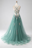 Glitter Green A-Line Spaghetti Straps Prom Dress With Sparkly Sequin Appliques