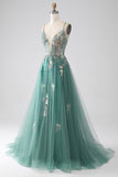 Glitter Green A-Line Spaghetti Straps Prom Dress With Sparkly Sequin Appliques