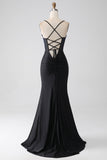 Mermaid Spaghetti Straps Long Corset Black Prom Dress With Beading