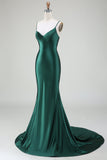 Dark Green Mermaid Spaghetti Straps Sweep Train Long Prom Dress