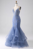 Grey Blue Mermaid Spaghetti Strap Beaded Backless Long Prom Dress With Appliques