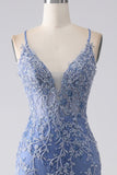 Grey Blue Mermaid Spaghetti Strap Beaded Backless Long Prom Dress With Appliques