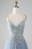 Sparkly Grey Blue Mermaid Spaghetti Straps Sequin Long Prom Dress
