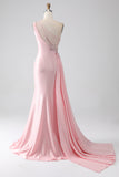 Pink Mermaid One Shoulder Sequins Appliques Ruched Long Prom Dress With Slit