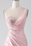 Pink Mermaid One Shoulder Sequins Appliques Ruched Long Prom Dress With Slit