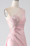 Pink Mermaid One Shoulder Sequins Appliques Ruched Long Prom Dress With Slit