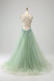 Gorgeous Light Green A Line Spaghetti Straps Long Prom Dress with Appliques