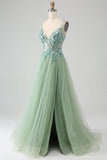 Gorgeous Light Green A Line Spaghetti Straps Long Prom Dress with Appliques