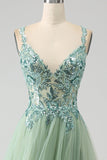 Gorgeous Light Green A Line Spaghetti Straps Long Prom Dress with Appliques