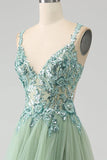 Gorgeous Light Green A Line Spaghetti Straps Long Prom Dress with Appliques