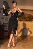 Black Spaghetti Straps Sequins Fringed Flapper Formal Dress