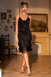 Black Spaghetti Straps Sequins Fringed Flapper Formal Dress