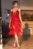 Red Spaghetti Straps Sequins Fringed Flapper Formal Dress