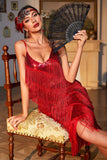 Red Spaghetti Straps Sequins Fringed Flapper Formal Dress