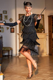 Black Red Jewel Neck Beaded Gatsby Fringed Flapper Dress