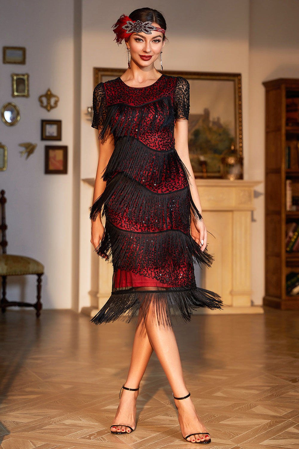 Black Red Jewel Neck Beaded Gatsby Fringed Flapper Dress