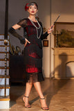 Black Red Jewel Neck Beaded Gatsby Fringed Flapper Dress