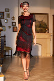 Black Red Jewel Neck Beaded Gatsby Fringed Flapper Dress