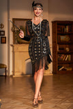 Black Golden V-Neck Sequin Fringed Flapper Dress