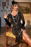 Black Golden V-Neck Sequin Fringed Flapper Dress