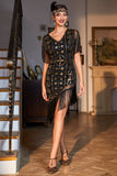 Black Golden V-Neck Sequin Fringed Flapper Dress