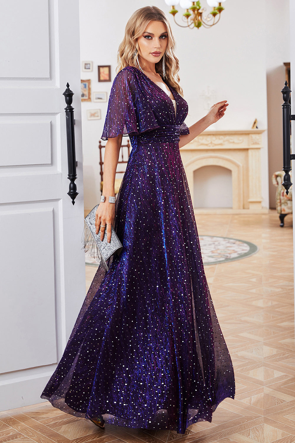 Wedtrend Women Sparkly Purple Party Dress with Short Sleeves A-Line V-Neck Formal Evening Dress WEDTREND Wedtrend Women Sparkly Purple Party Dress with Short Sleeves A-Line V-Neck Formal Evening Dress WEDTREND