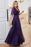 Sparkly A Line V-Neck Purple Party Dress with Short Sleeves