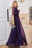 Sparkly A Line V-Neck Purple Party Dress with Short Sleeves