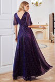 Sparkly A Line V-Neck Purple Party Dress with Short Sleeves