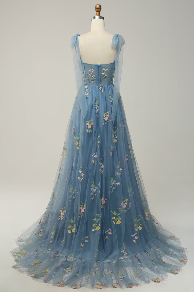 Lavender A-line Corset Long Tulle Ball Dress with Embroidered Floral