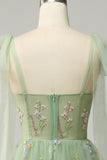 Green A Line Spaghetti Straps Corset Long Prom Dress with Embroidery