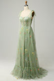 Green A Line Spaghetti Straps Corset Long Prom Dress with Embroidery