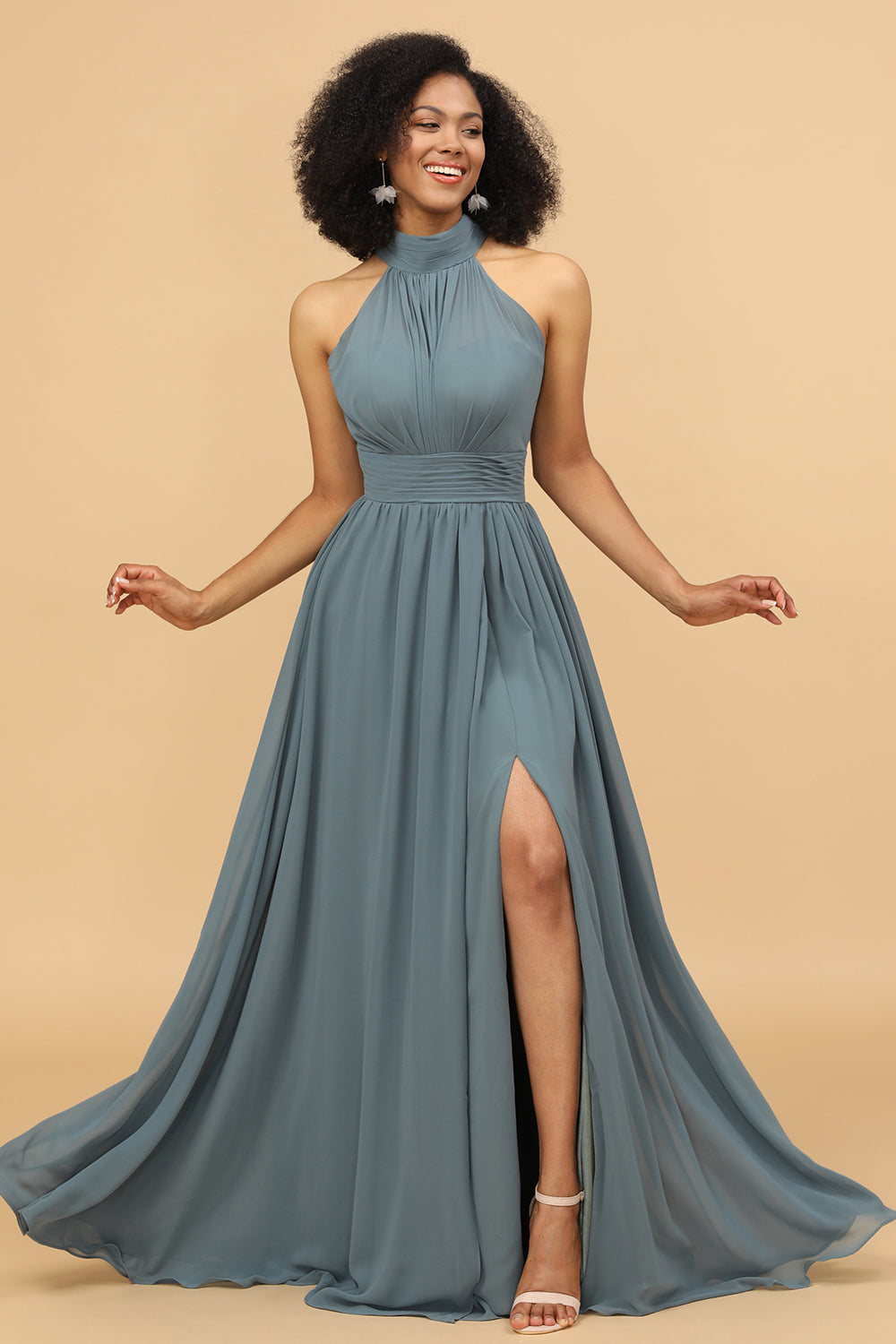 Wedtrend Women Grey Halter Ruched Long Chiffon Bridesmaid Dress with Slit, Grey / US10