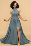 Grey Halter Ruched Long Chiffon Bridesmaid Dress with Slit