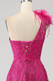 A-Line One Shoulder Feather Sequin Fuchsia Prom Dress With Slit
