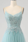 Sparkly Light Green A-Line Sequin Applique Corset Prom Dress With Slit