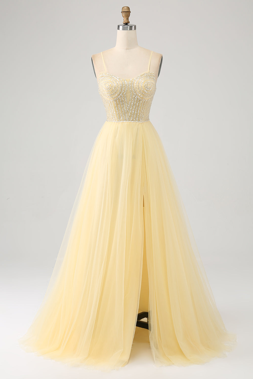Wedtrend Women Light Yellow Prom Dress A-Line Spaghetti Straps Beaded Tulle Evening Dress with Slit WEDTREND Wedtrend Women Light Yellow Prom Dress A-Line Spaghetti Straps Beaded Tulle Evening Dress with Slit WEDTREND