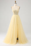 Light Yellow A-Line Spaghetti Straps Beaded Tulle Prom Dress with Slit